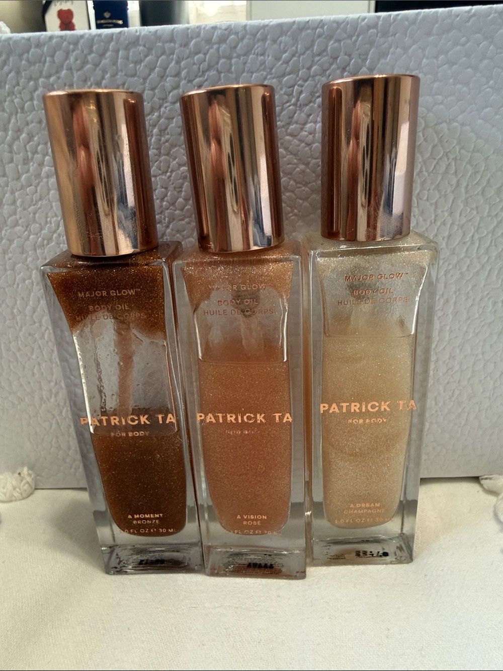 Patrick Ta Shimmering Body Oils — Bronze, Rose Gold, Champagne